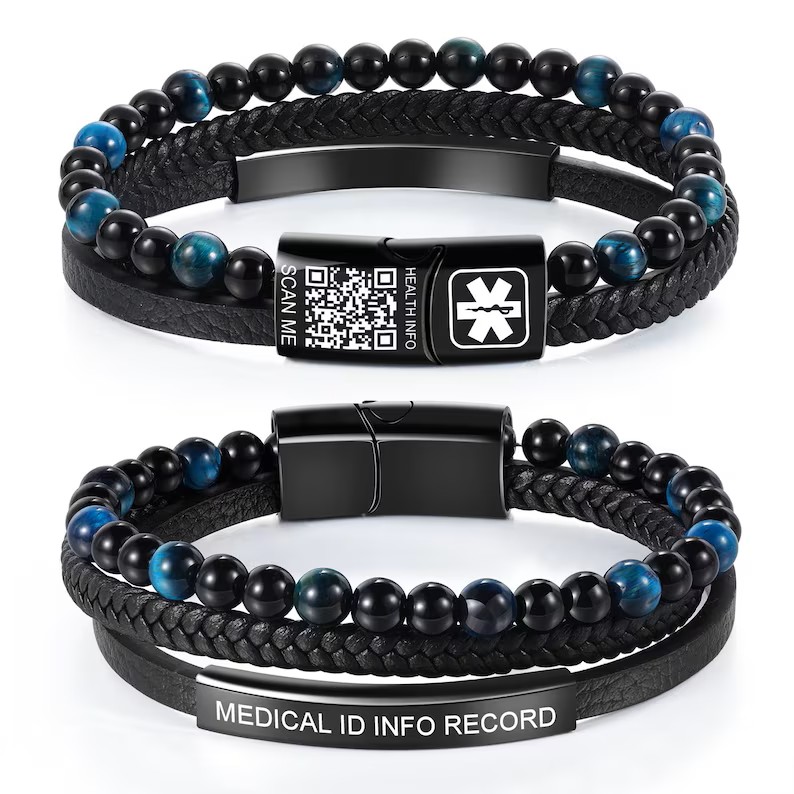 Health Wellness Bracelet - 천연 호안석 의료 ID 팔찌 남성용